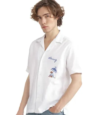 Rare Rabbit Men Quentin White Short Sleeves Cotton Fabric Cuban Collar Embroidered Shirt