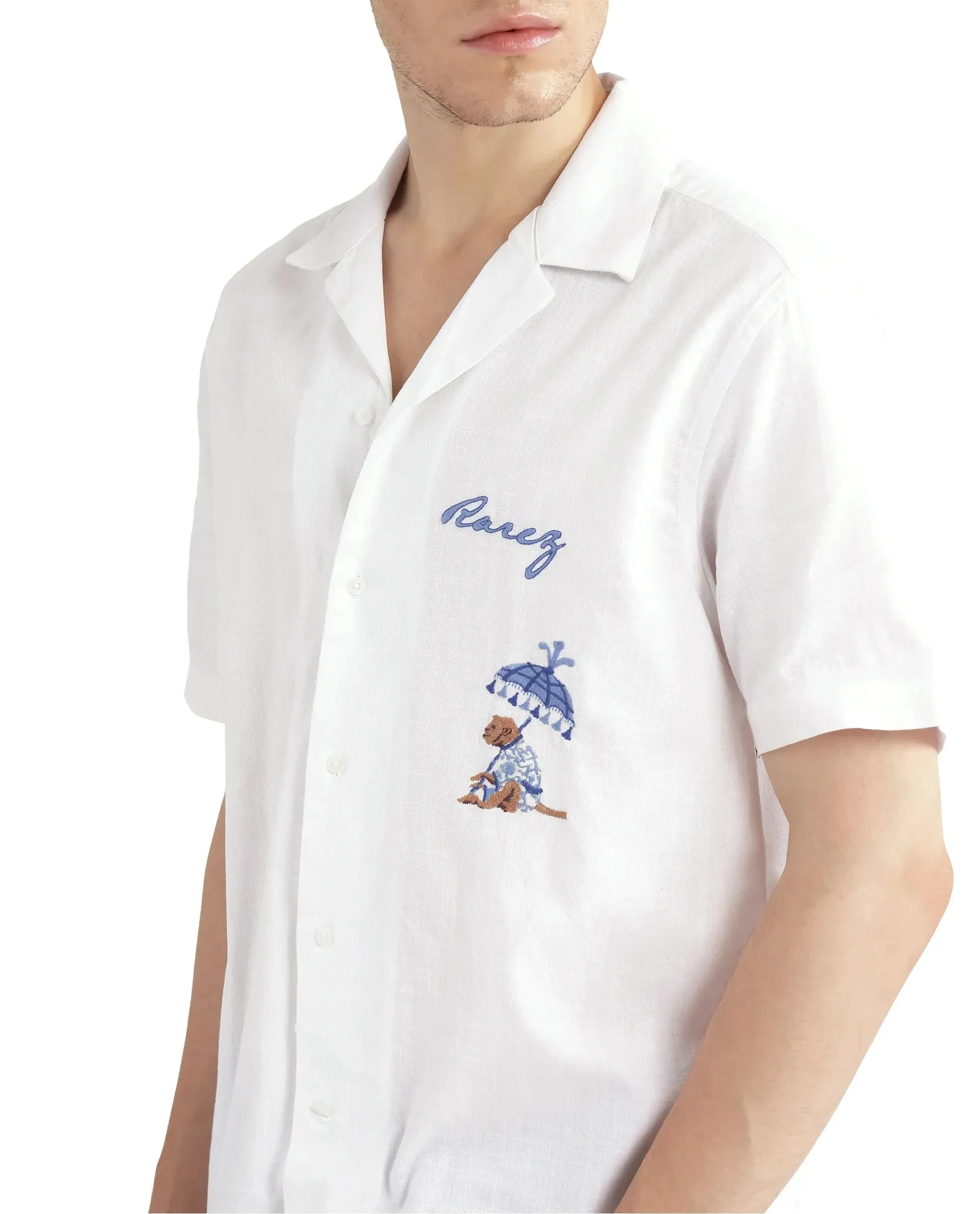 Rare Rabbit Men Quentin White Short Sleeves Cotton Fabric Cuban Collar Embroidered Shirt