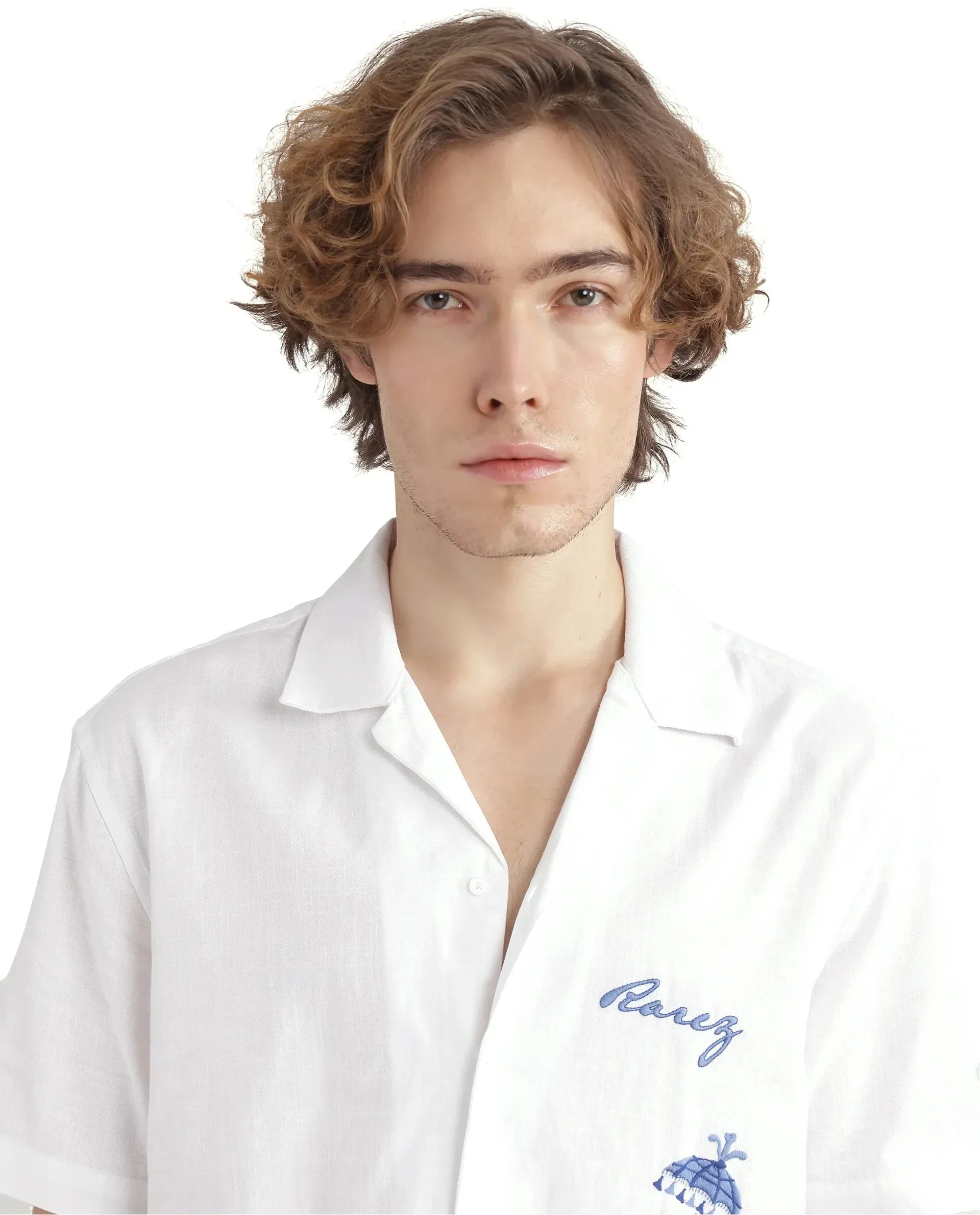 Rare Rabbit Men Quentin White Short Sleeves Cotton Fabric Cuban Collar Embroidered Shirt