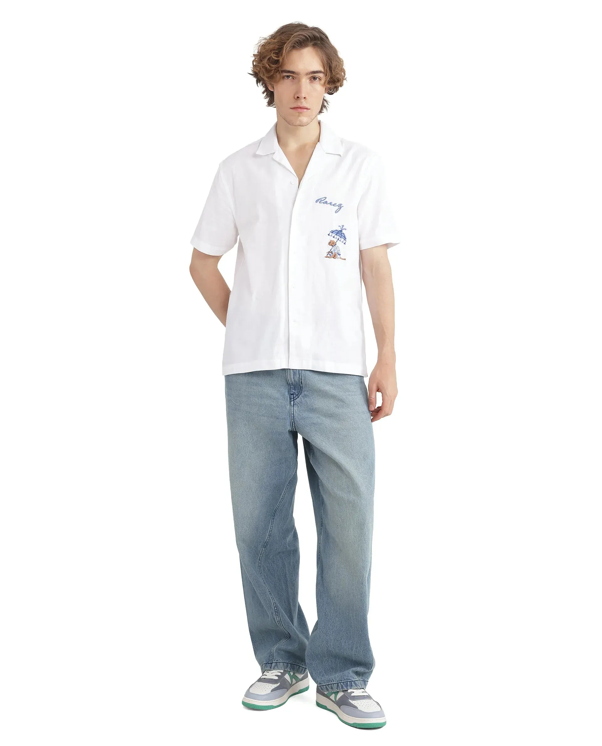Rare Rabbit Men Quentin White Short Sleeves Cotton Fabric Cuban Collar Embroidered Shirt