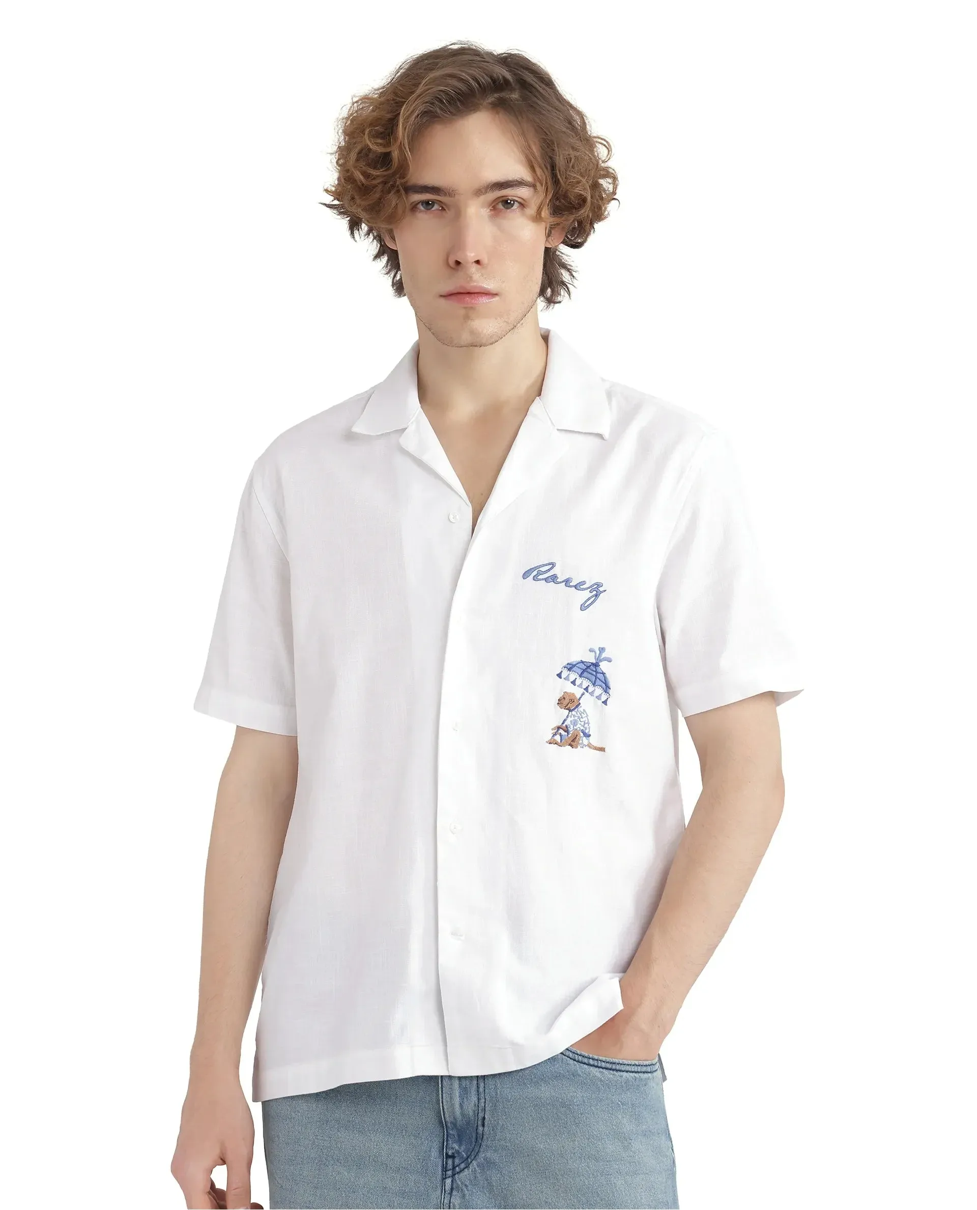 Rare Rabbit Men Quentin White Short Sleeves Cotton Fabric Cuban Collar Embroidered Shirt