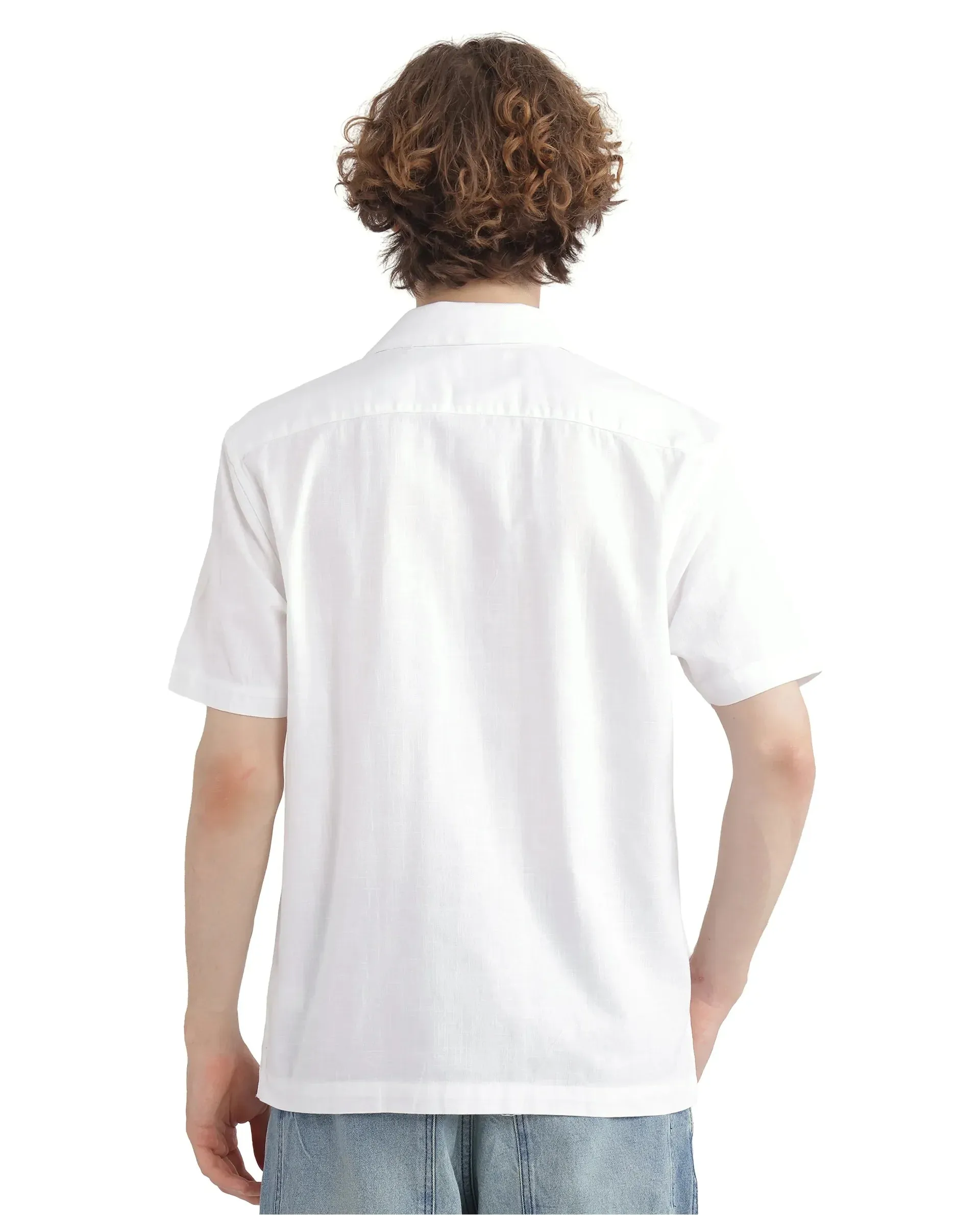 Rare Rabbit Men Quentin White Short Sleeves Cotton Fabric Cuban Collar Embroidered Shirt