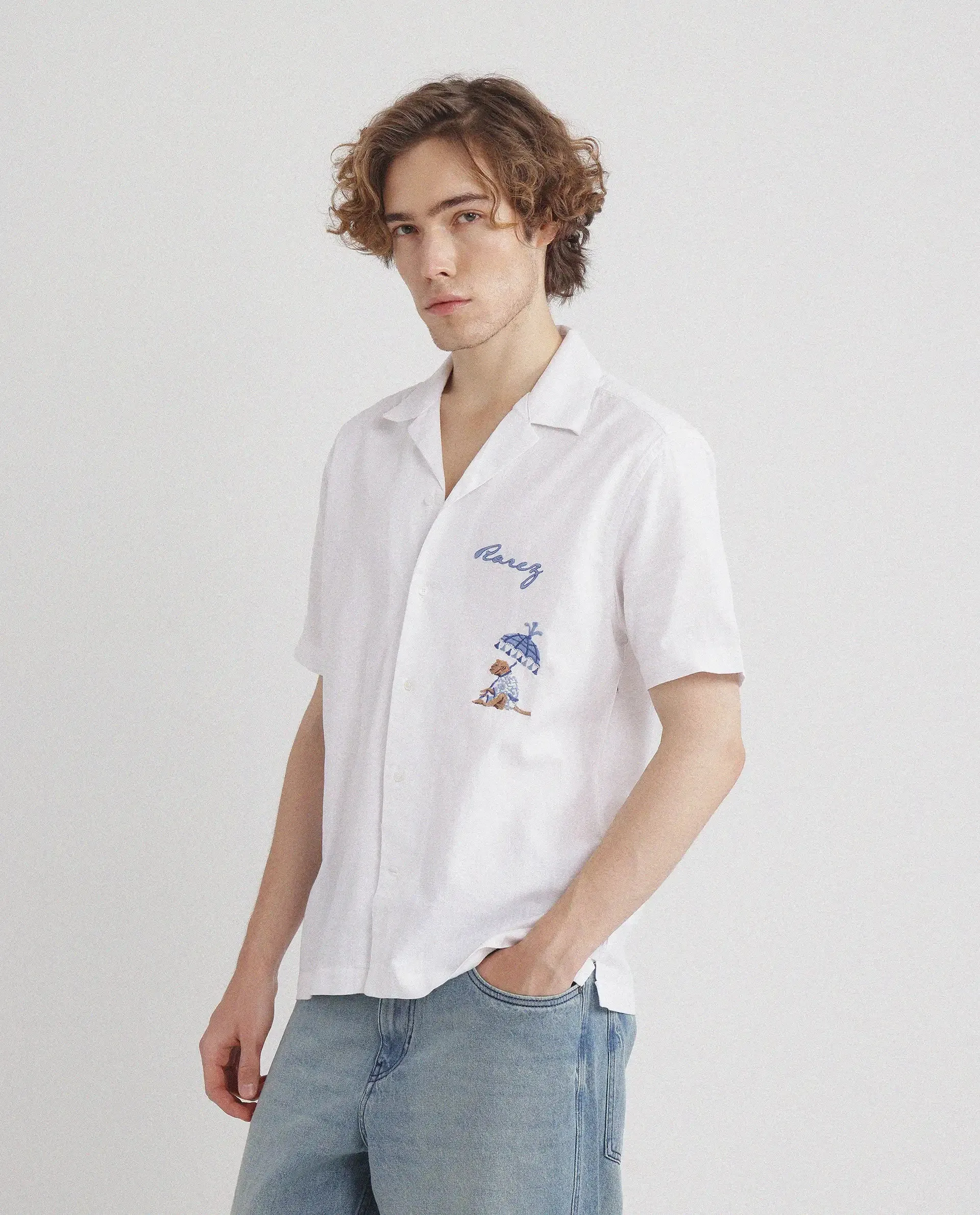 Rare Rabbit Men Quentin White Short Sleeves Cotton Fabric Cuban Collar Embroidered Shirt
