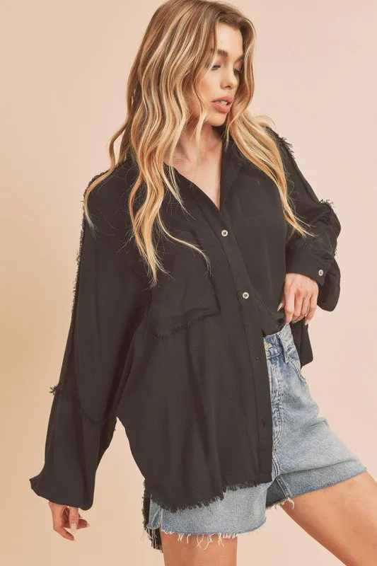 Raw Edge Exposed Seam Collared Black Shirt - Modern Design for Women