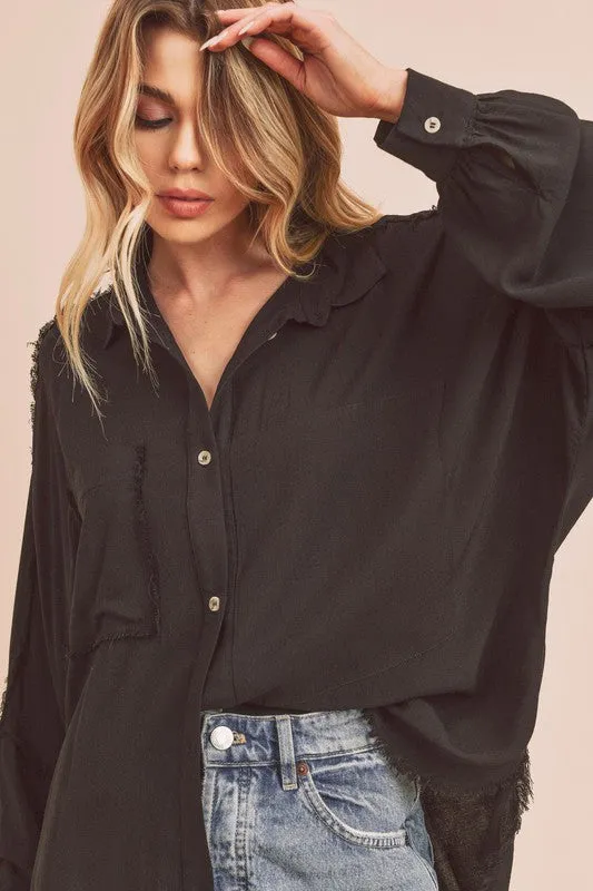 Raw Edge Exposed Seam Collared Black Shirt - Modern Design for Women