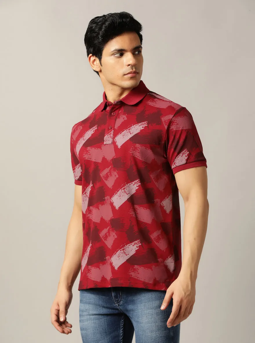Red Printed Slim Fit Polo T-Shirt | JadeBlue