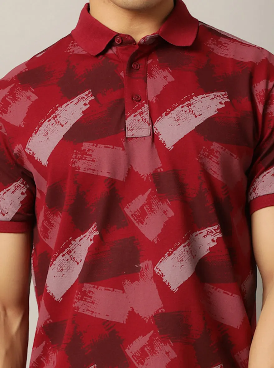 Red Printed Slim Fit Polo T-Shirt | JadeBlue