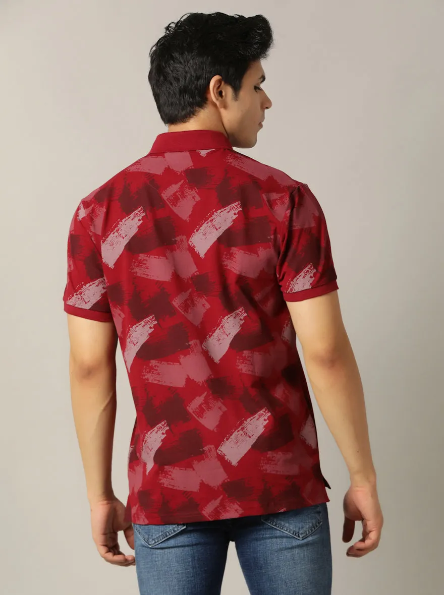Red Printed Slim Fit Polo T-Shirt | JadeBlue