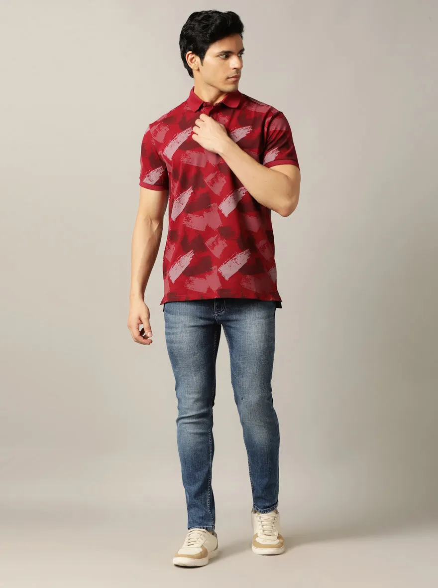 Red Printed Slim Fit Polo T-Shirt | JadeBlue
