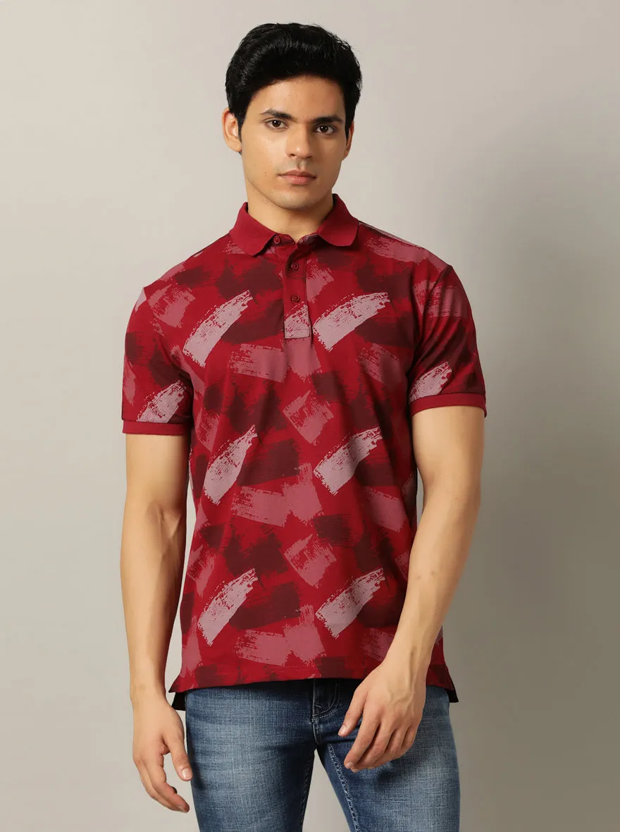 Red Printed Slim Fit Polo T-Shirt | JadeBlue