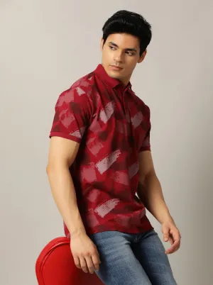 Red Printed Slim Fit Polo T-Shirt | JadeBlue