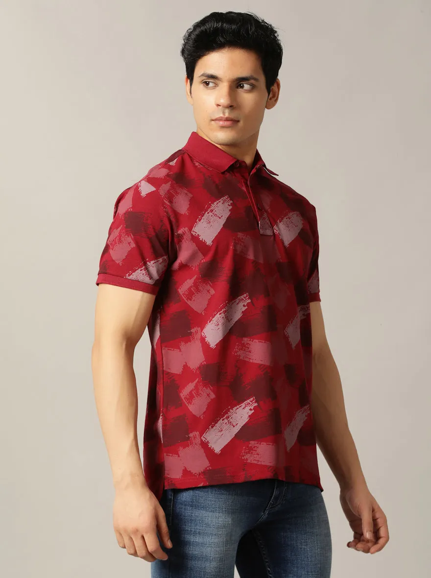 Red Printed Slim Fit Polo T-Shirt | JadeBlue