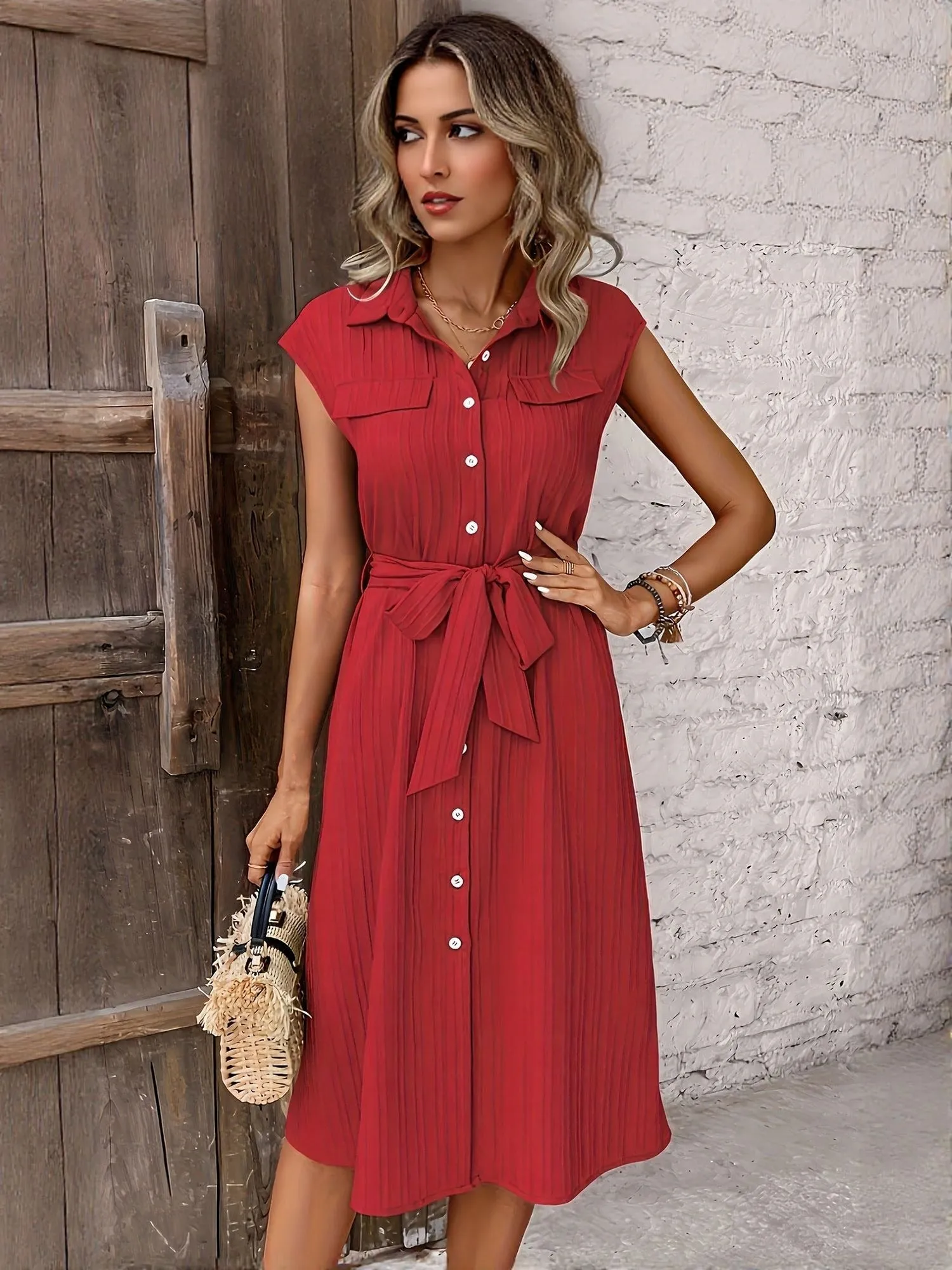 Red Textured Shirt Dress