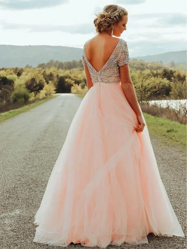 Rhinestone Beaded Prom Dresses with Short Sleeves Plus Size Cheap Prom Dresses, QB0307