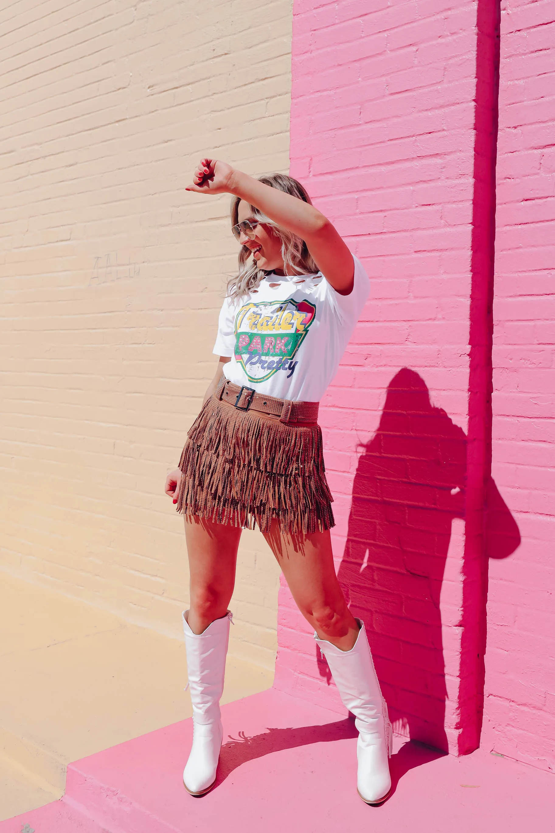 Rhinestone Diva Fringe Mini Skirt - Camel