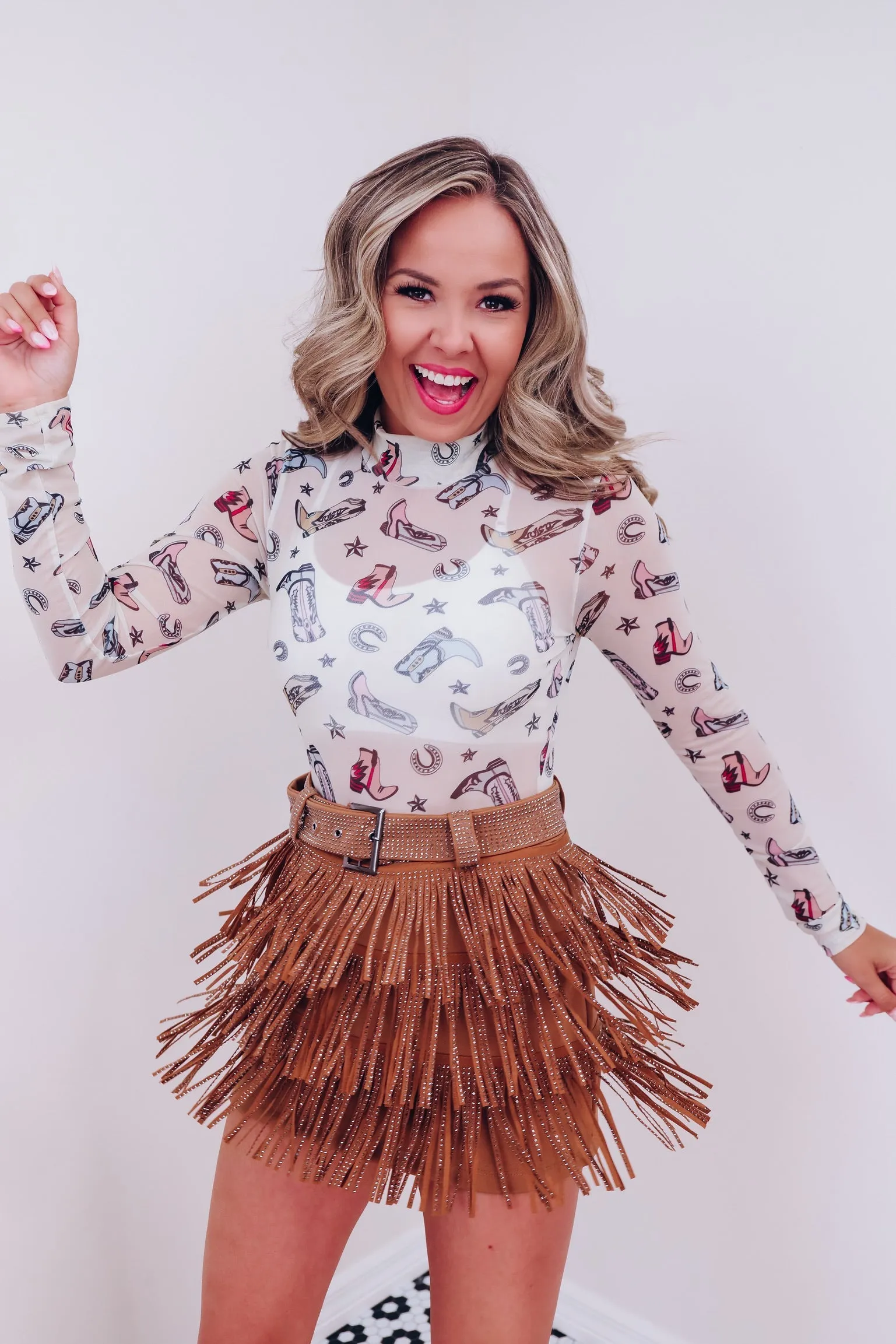 Rhinestone Diva Fringe Mini Skirt - Camel
