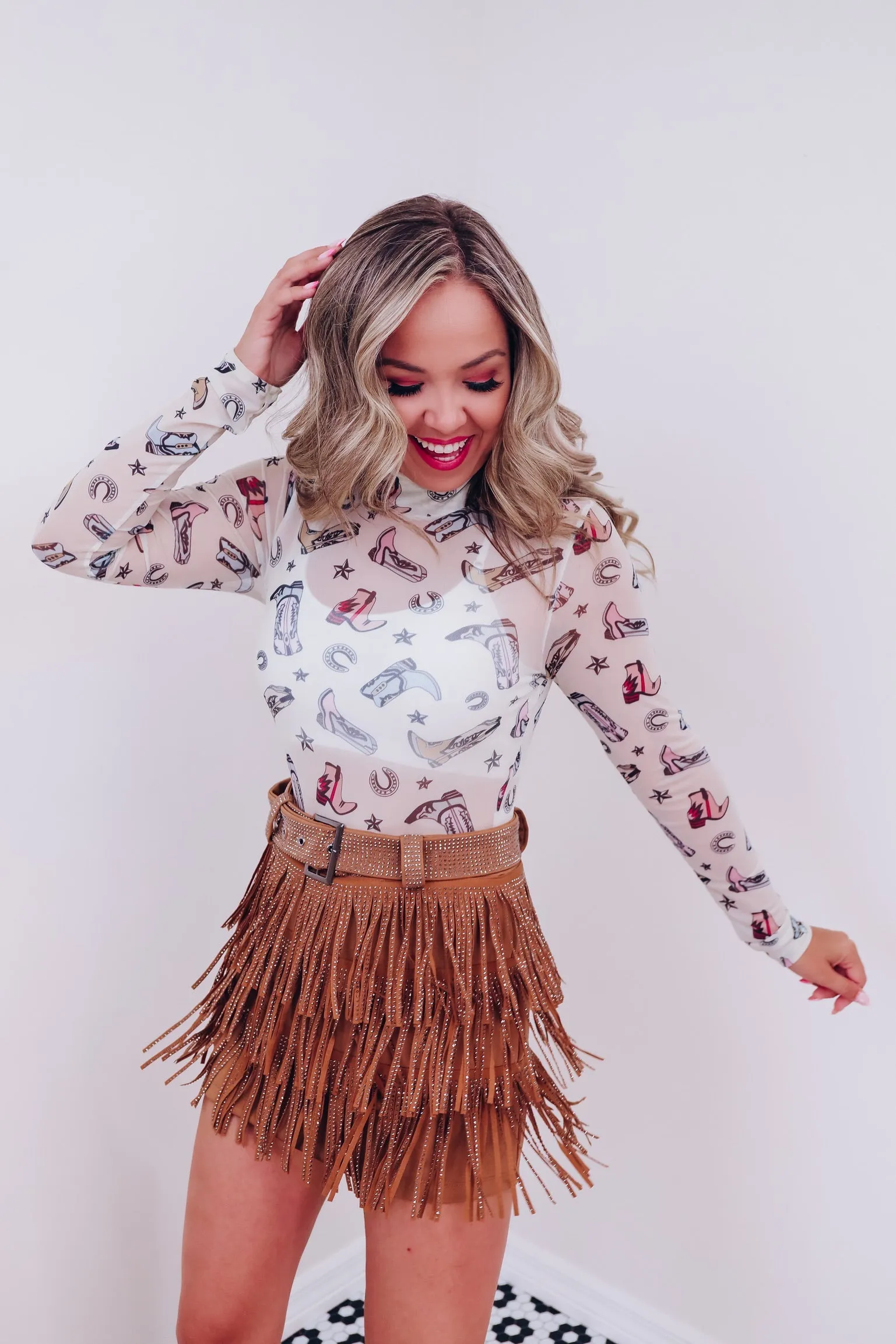 Rhinestone Diva Fringe Mini Skirt - Camel