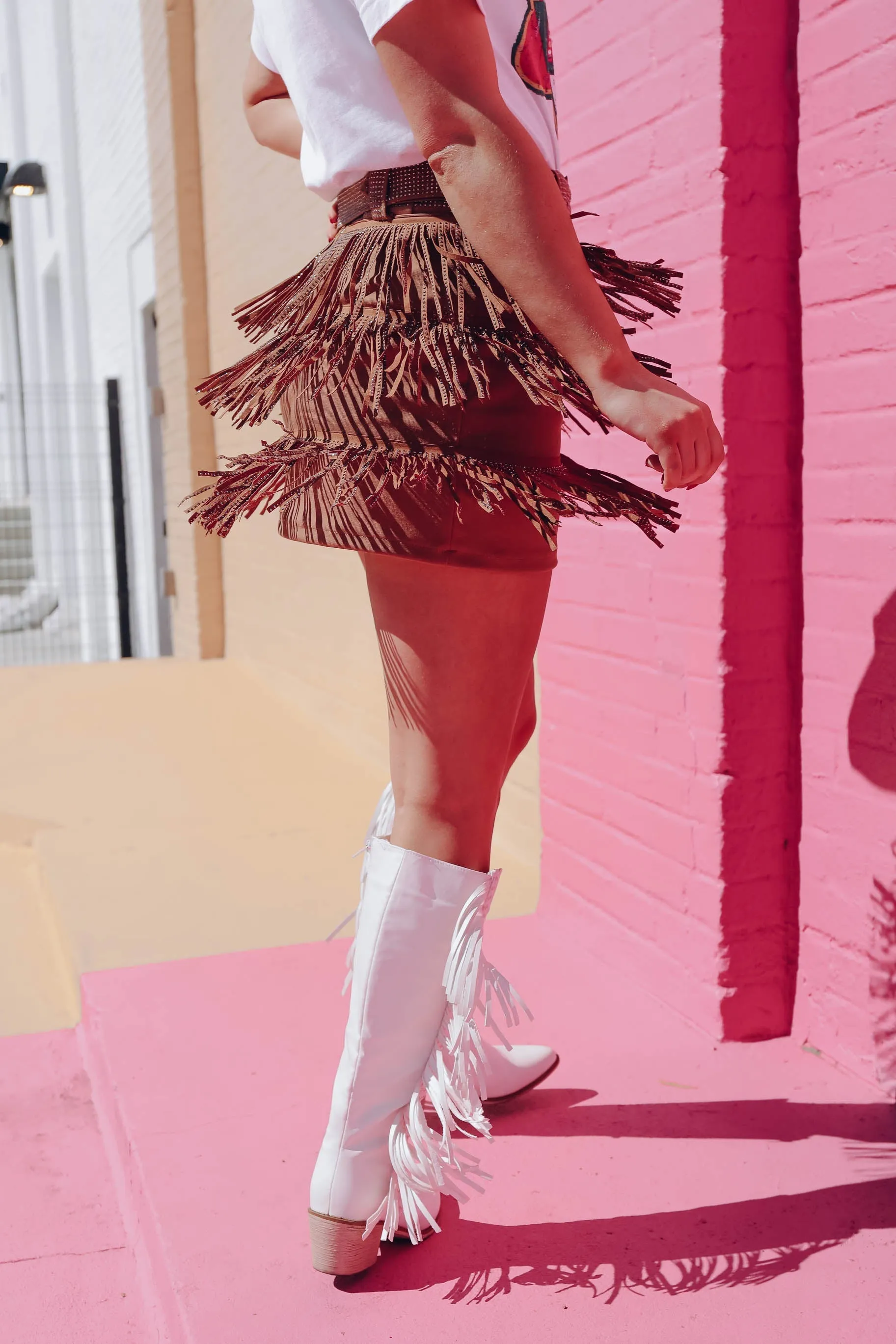 Rhinestone Diva Fringe Mini Skirt - Camel