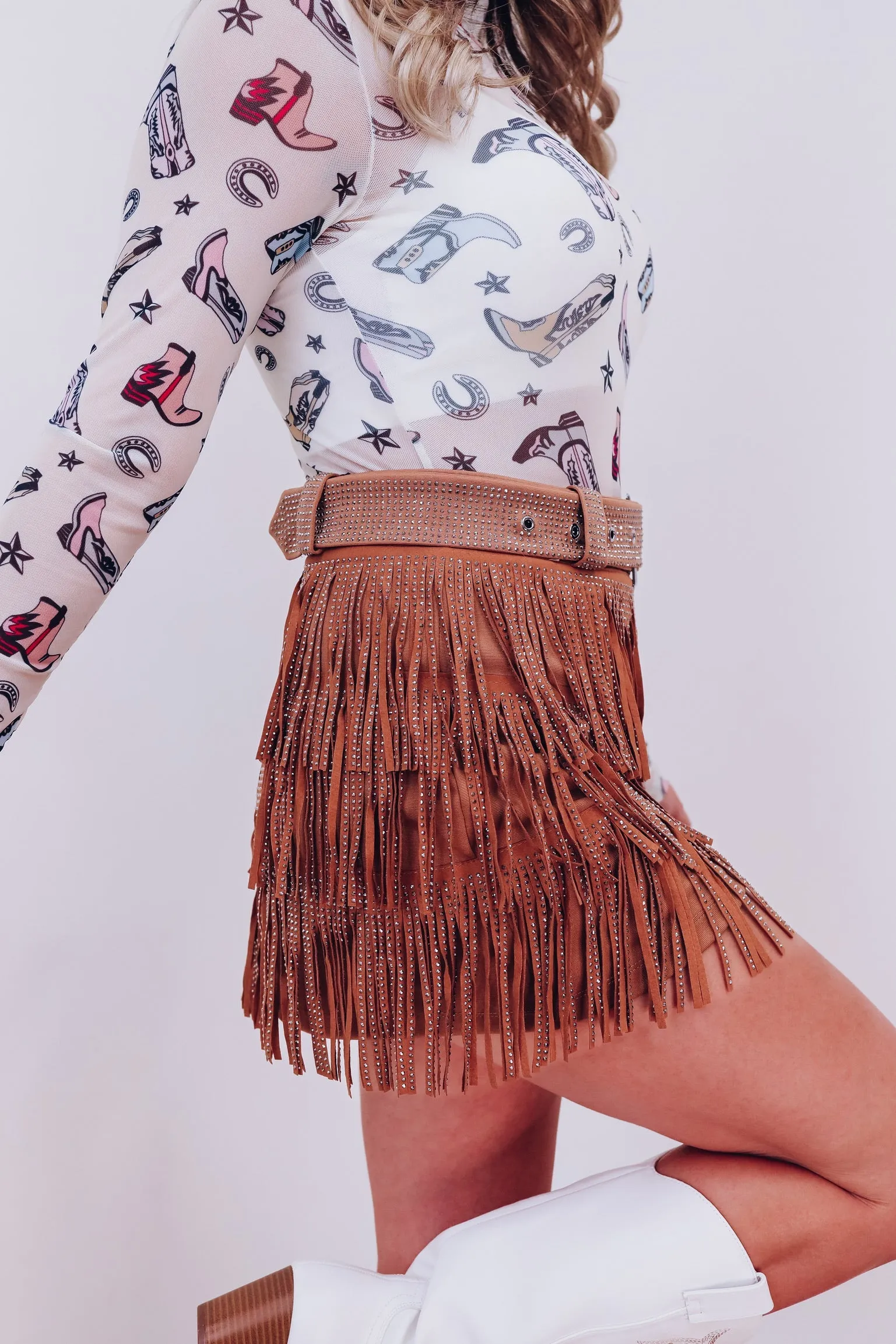 Rhinestone Diva Fringe Mini Skirt - Camel