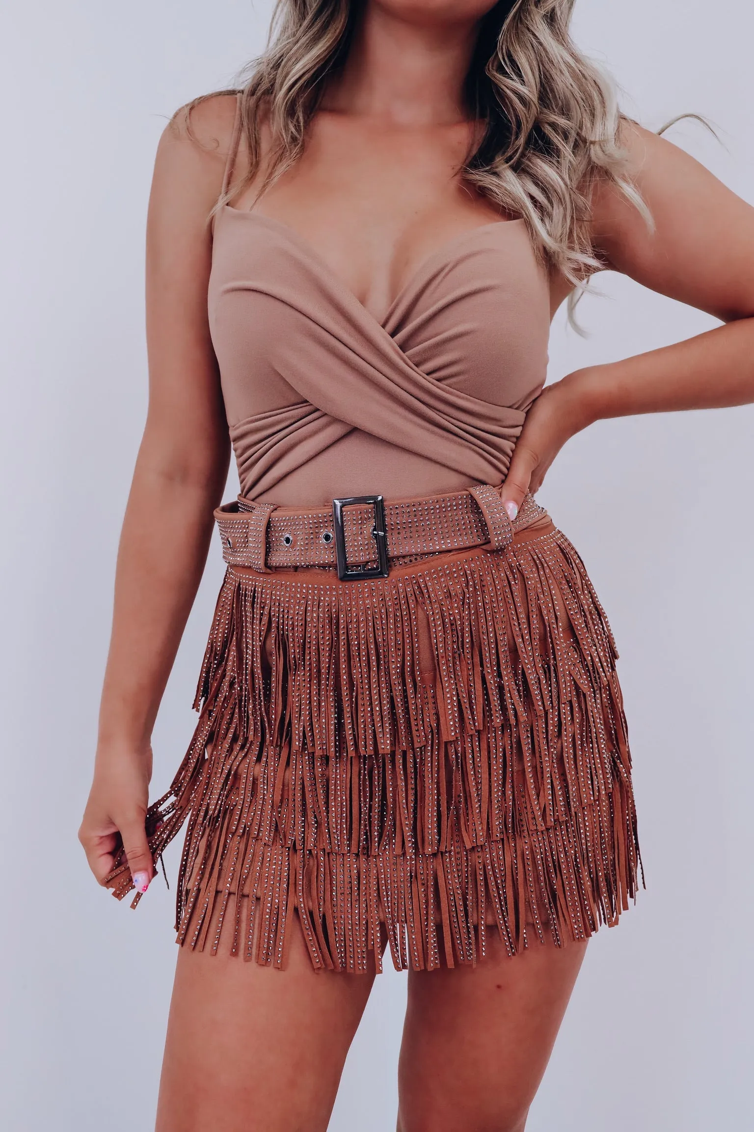 Rhinestone Diva Fringe Mini Skirt - Camel