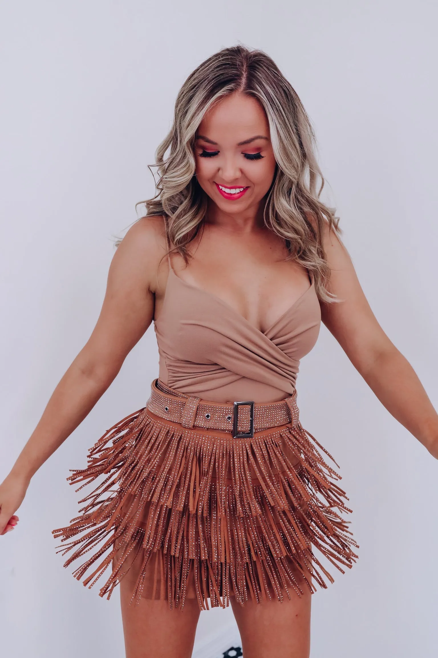 Rhinestone Diva Fringe Mini Skirt - Camel