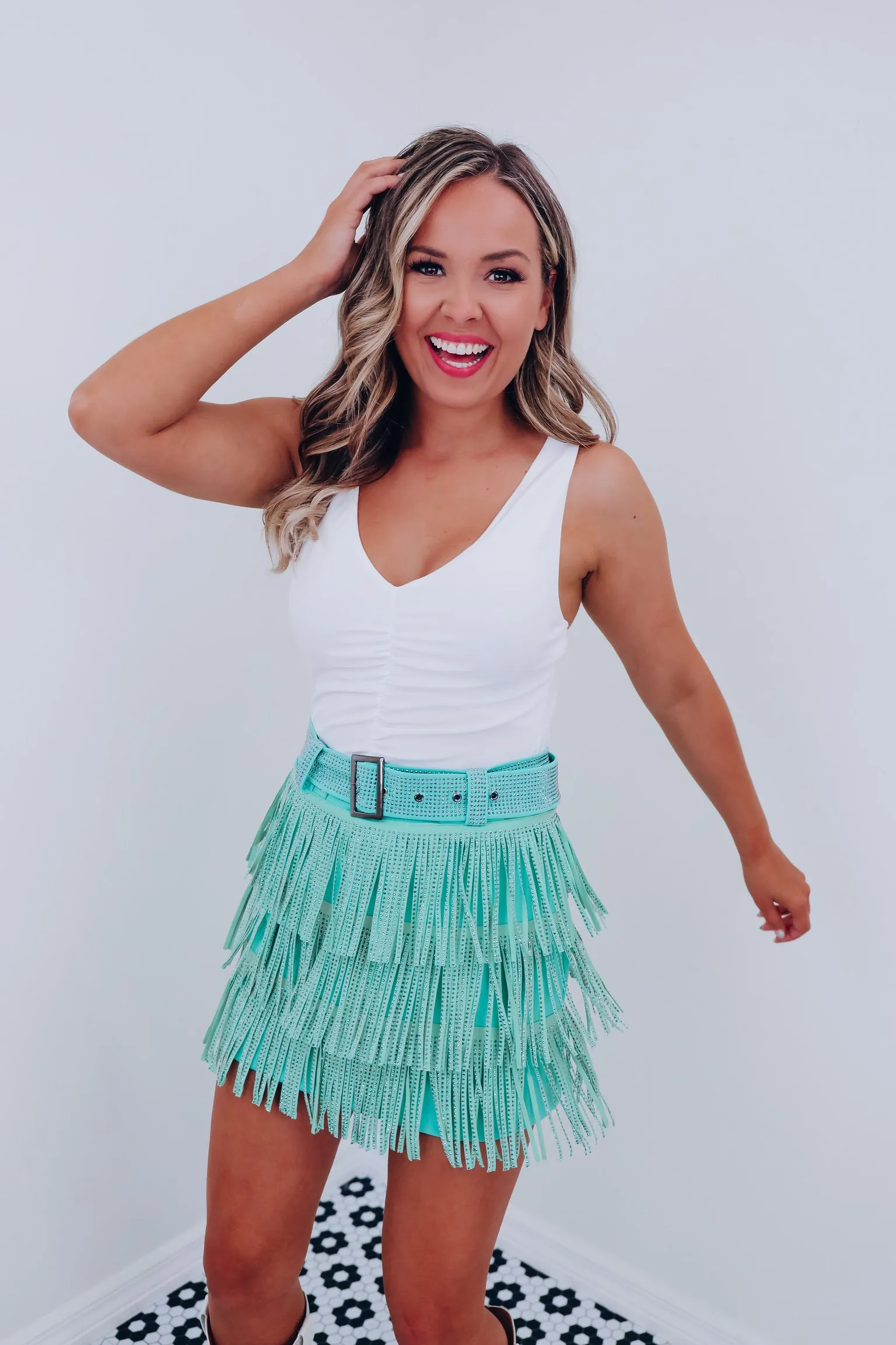 Rhinestone Diva Fringe Mini Skirt - Mint Green