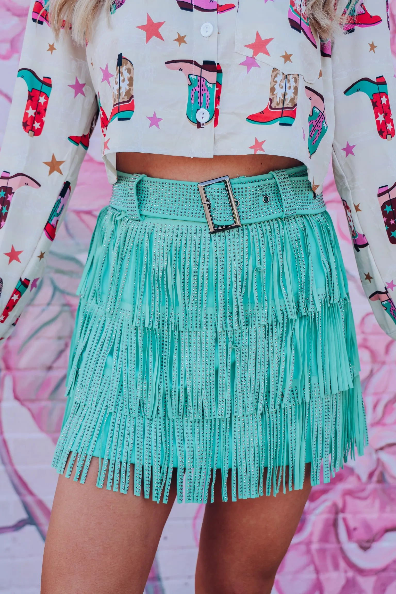 Rhinestone Diva Fringe Mini Skirt - Mint Green