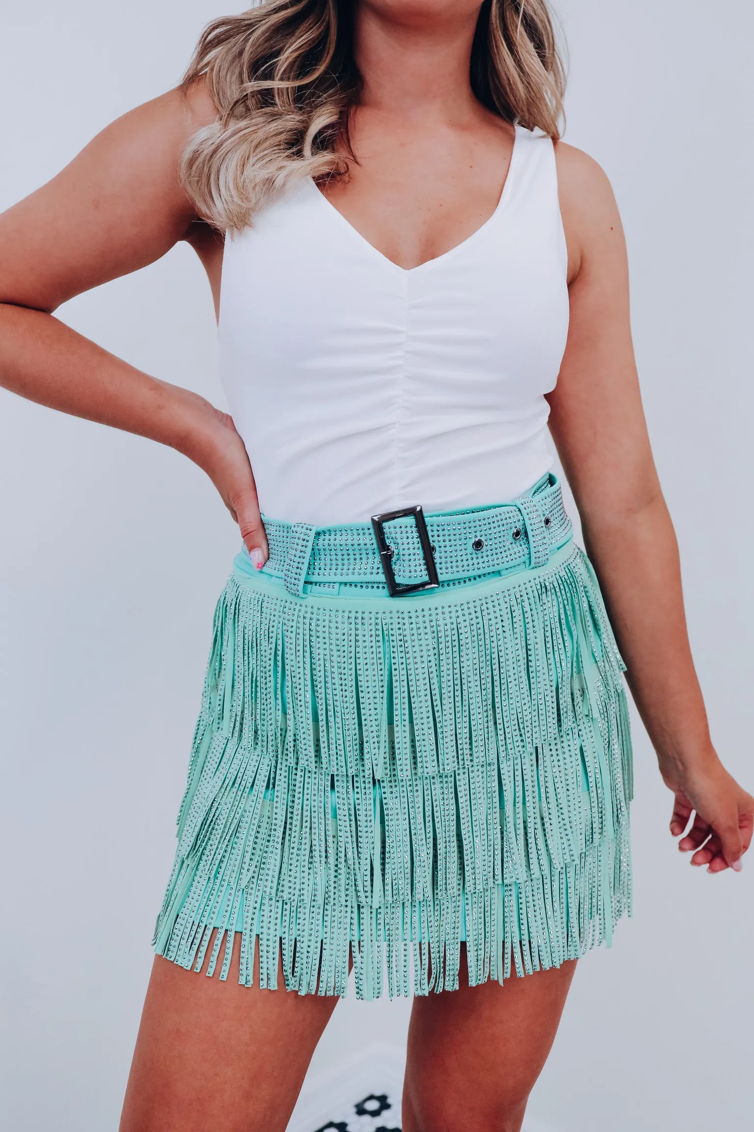 Rhinestone Diva Fringe Mini Skirt - Mint Green