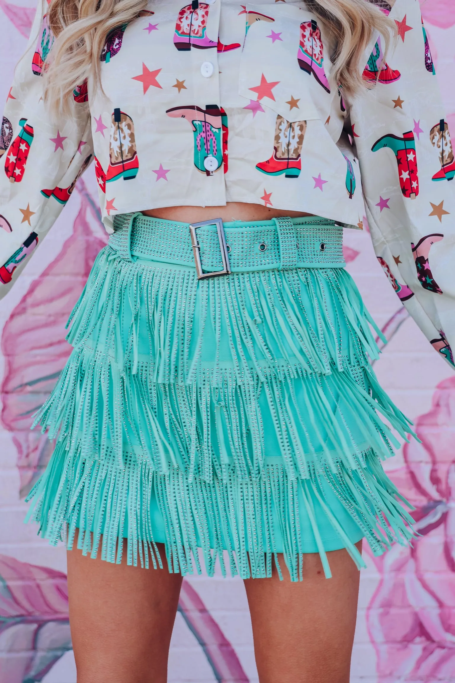Rhinestone Diva Fringe Mini Skirt - Mint Green