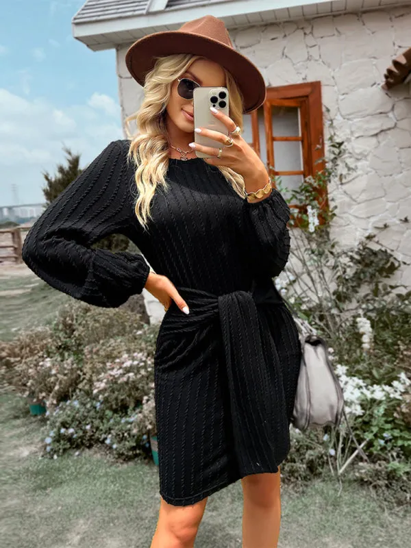 Ribbed Mini Dress with Waist Tie and Long Sleeves