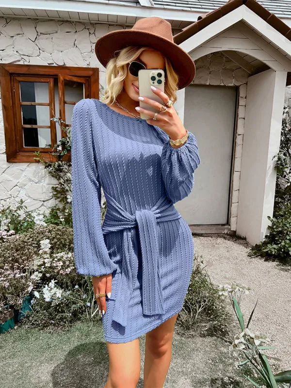 Ribbed Mini Dress with Waist Tie and Long Sleeves