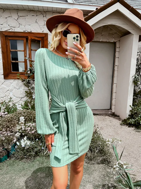 Ribbed Mini Dress with Waist Tie and Long Sleeves