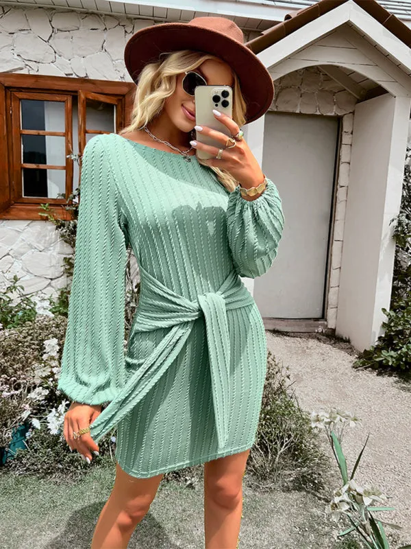 Ribbed Mini Dress with Waist Tie and Long Sleeves