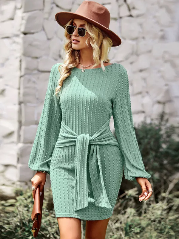 Ribbed Mini Dress with Waist Tie and Long Sleeves