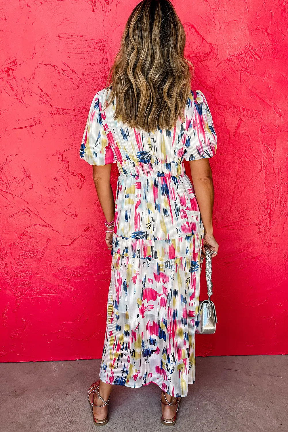 Rose Abstract Print Short Puff Sleeve Tiered Maxi Dress