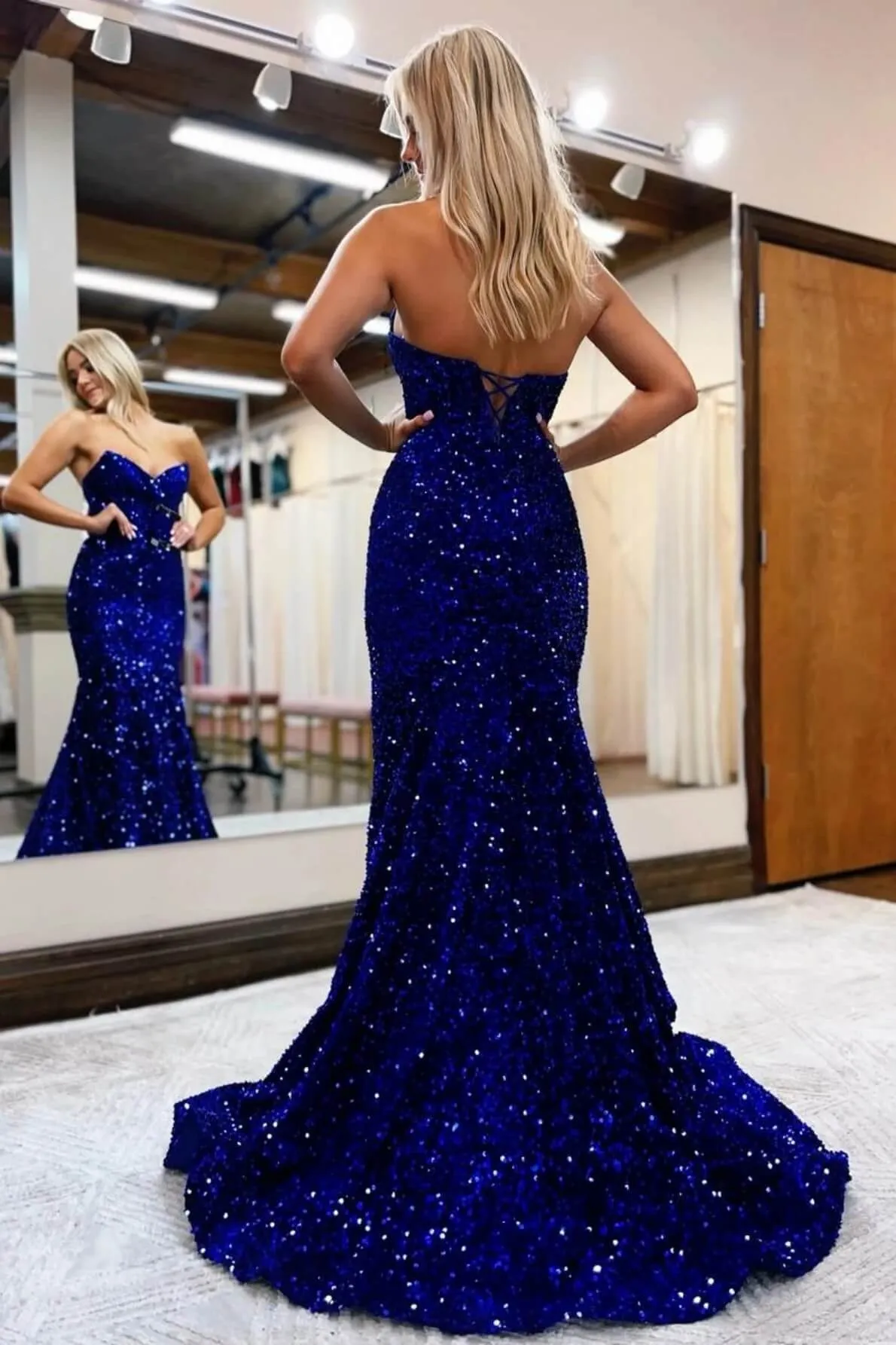 Royal Blue Mermaid Sequins Sweetheart Strapless Long Prom Dresses, SLP030