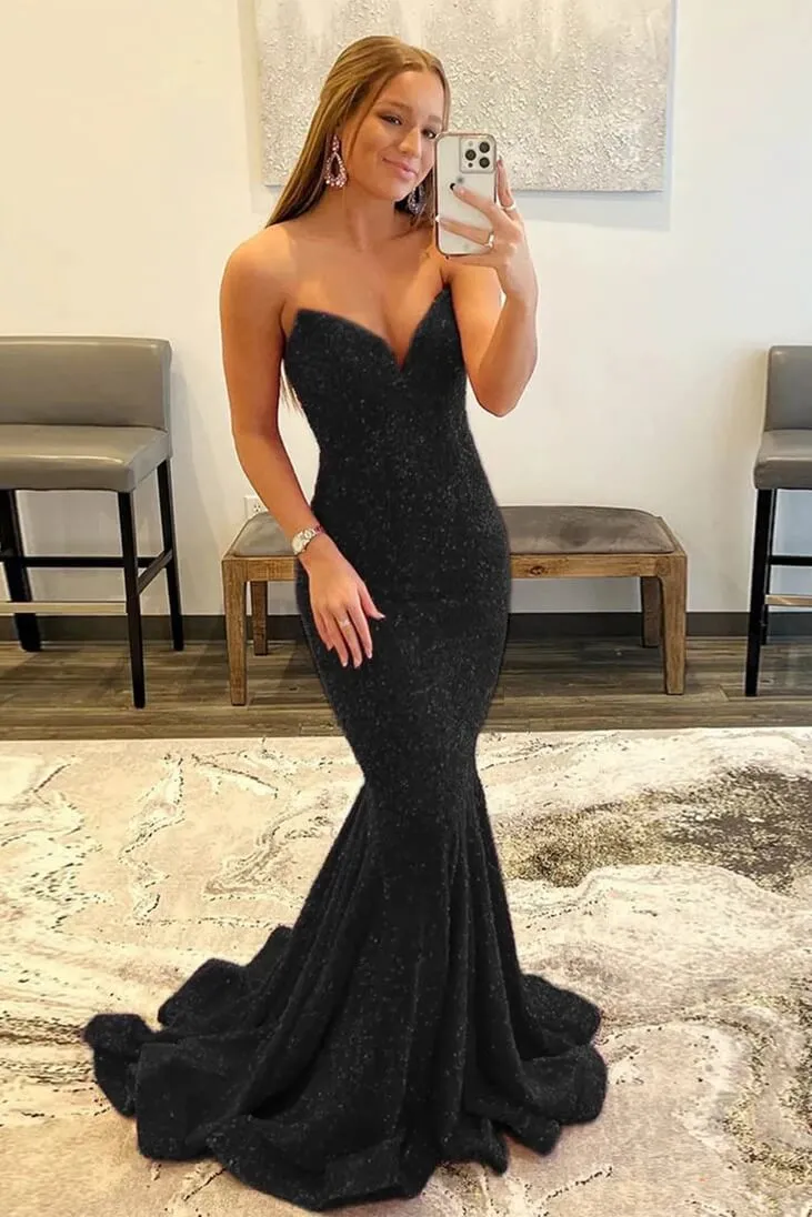 Royal Blue Mermaid Sequins Sweetheart Strapless Long Prom Dresses, SLP030