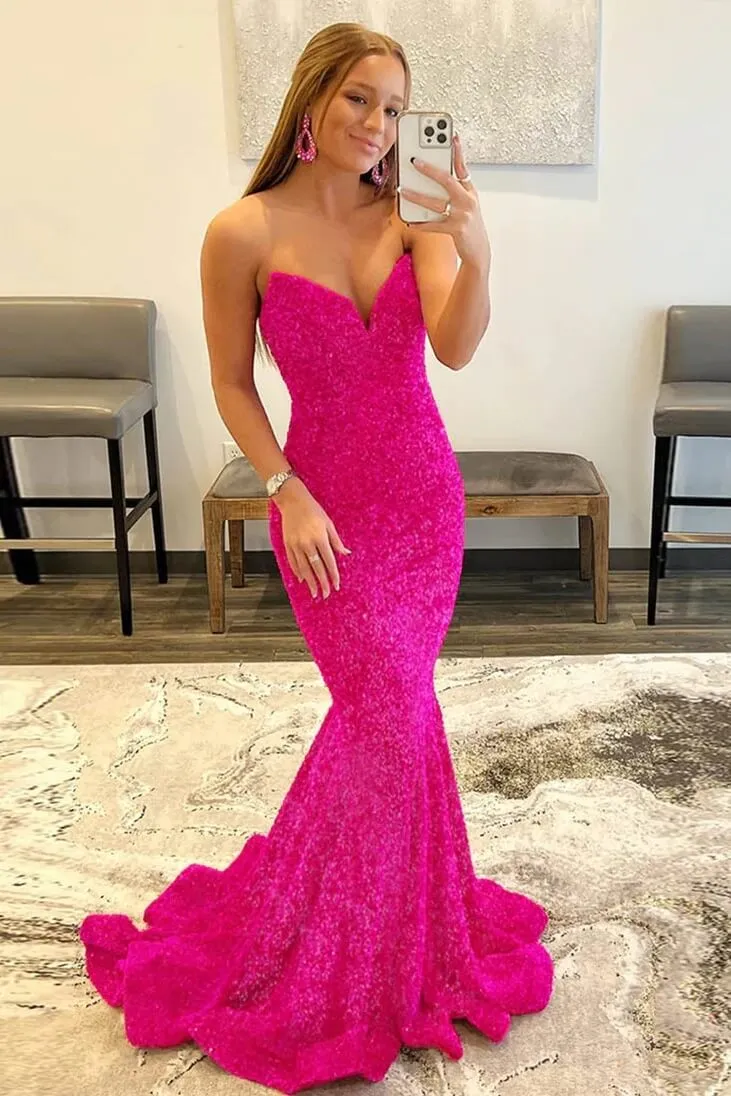 Royal Blue Mermaid Sequins Sweetheart Strapless Long Prom Dresses, SLP030
