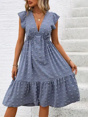 Ruffle Sleeve Jacquard Dress with Textured Floral Pattern