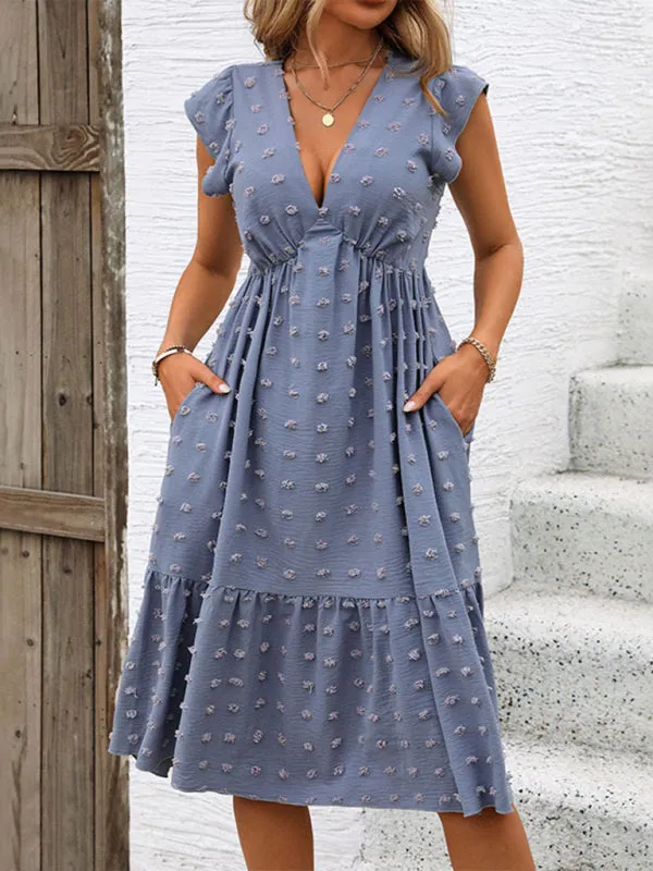 Ruffle Sleeve Jacquard Dress with Textured Floral Pattern