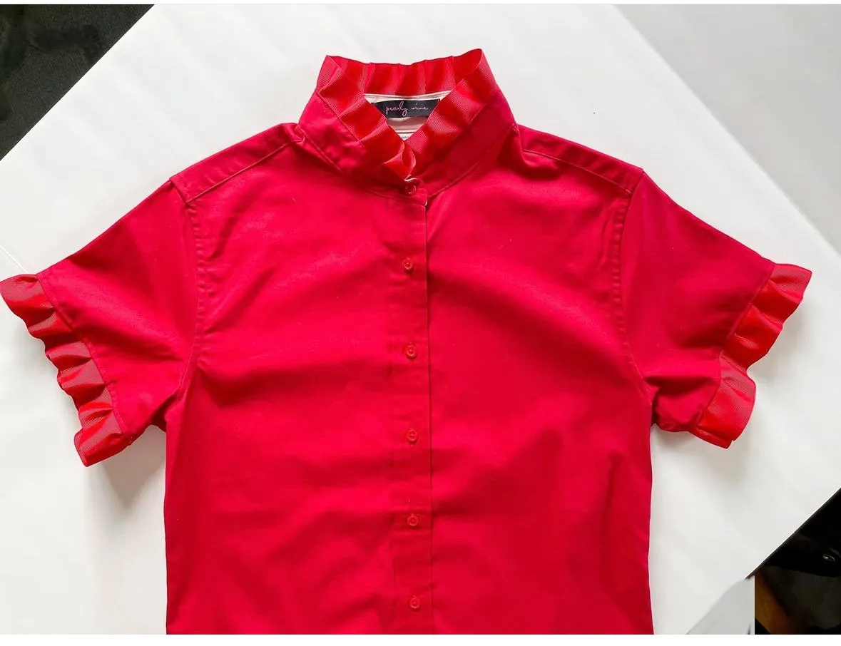 SALE - XS ONLY - Jane Red Short Sleeve Ruffle Shirt (J06) *FINAL SALE*