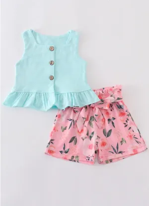 Savannah Mint & Pink Floral Paper Bag Short Set