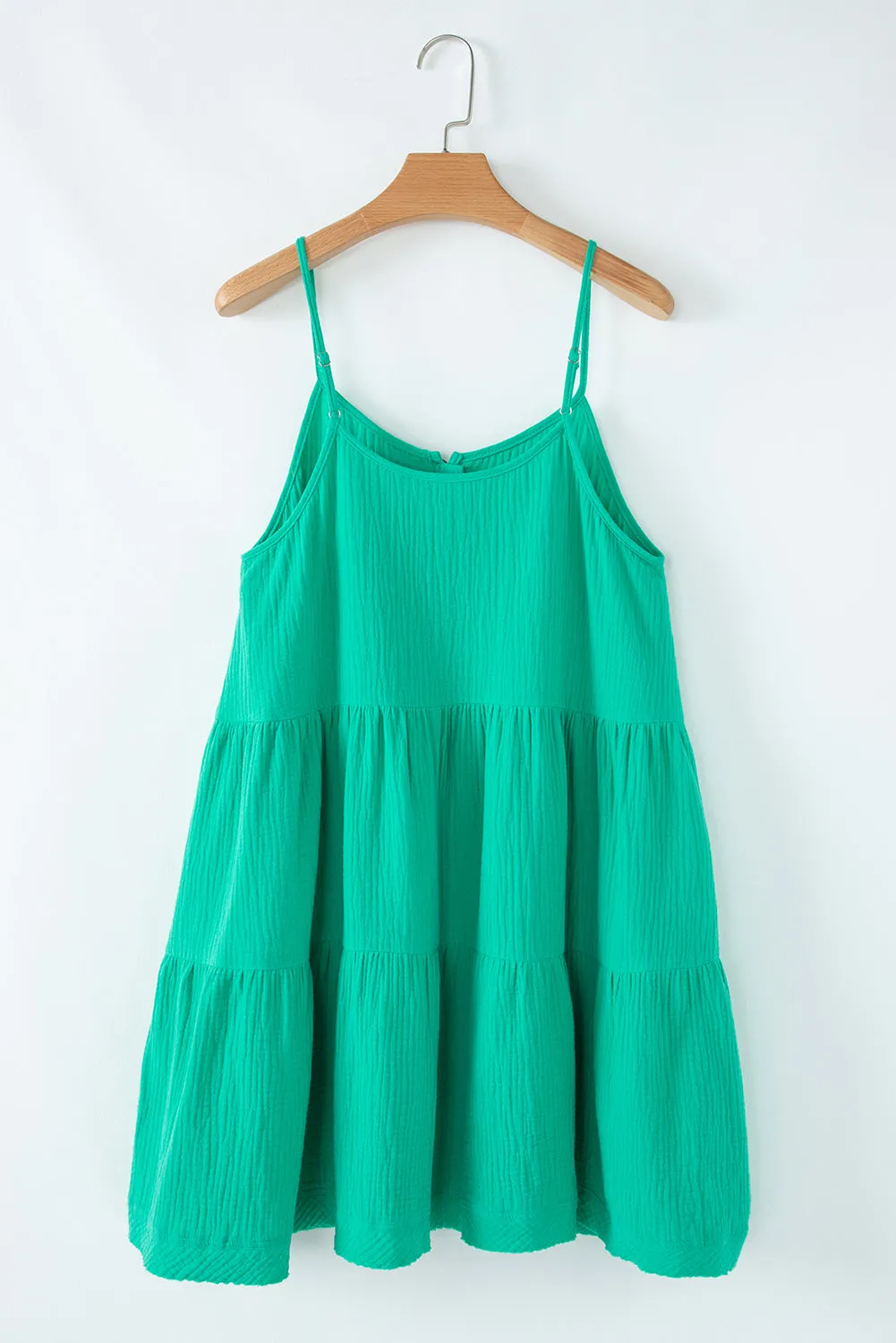 Sea Green Textured Buttoned Thin Strap Tiered Loose Fit Mini Dress