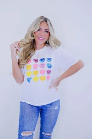 Sequin Hearts Cropped Tee- White