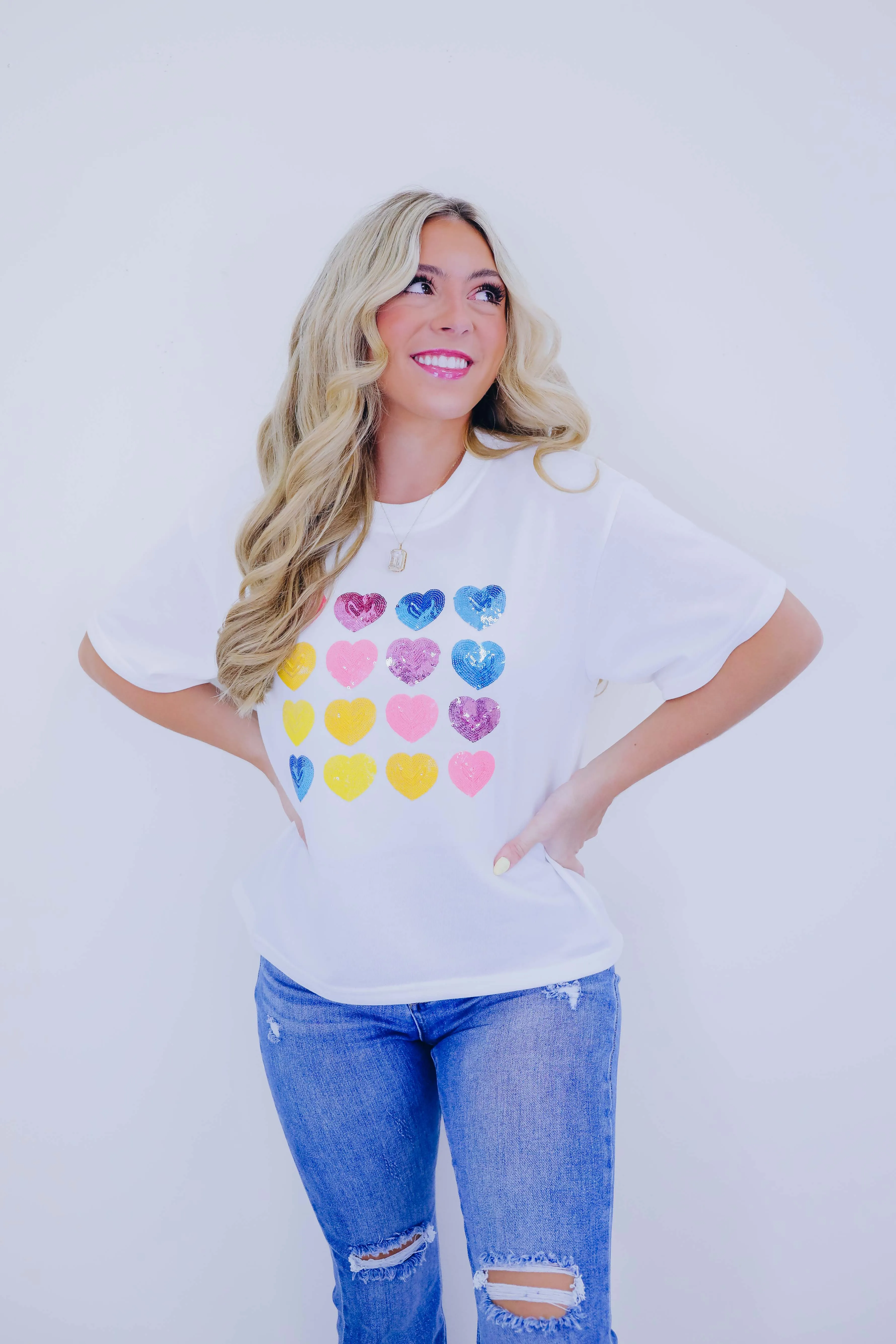 Sequin Hearts Cropped Tee- White