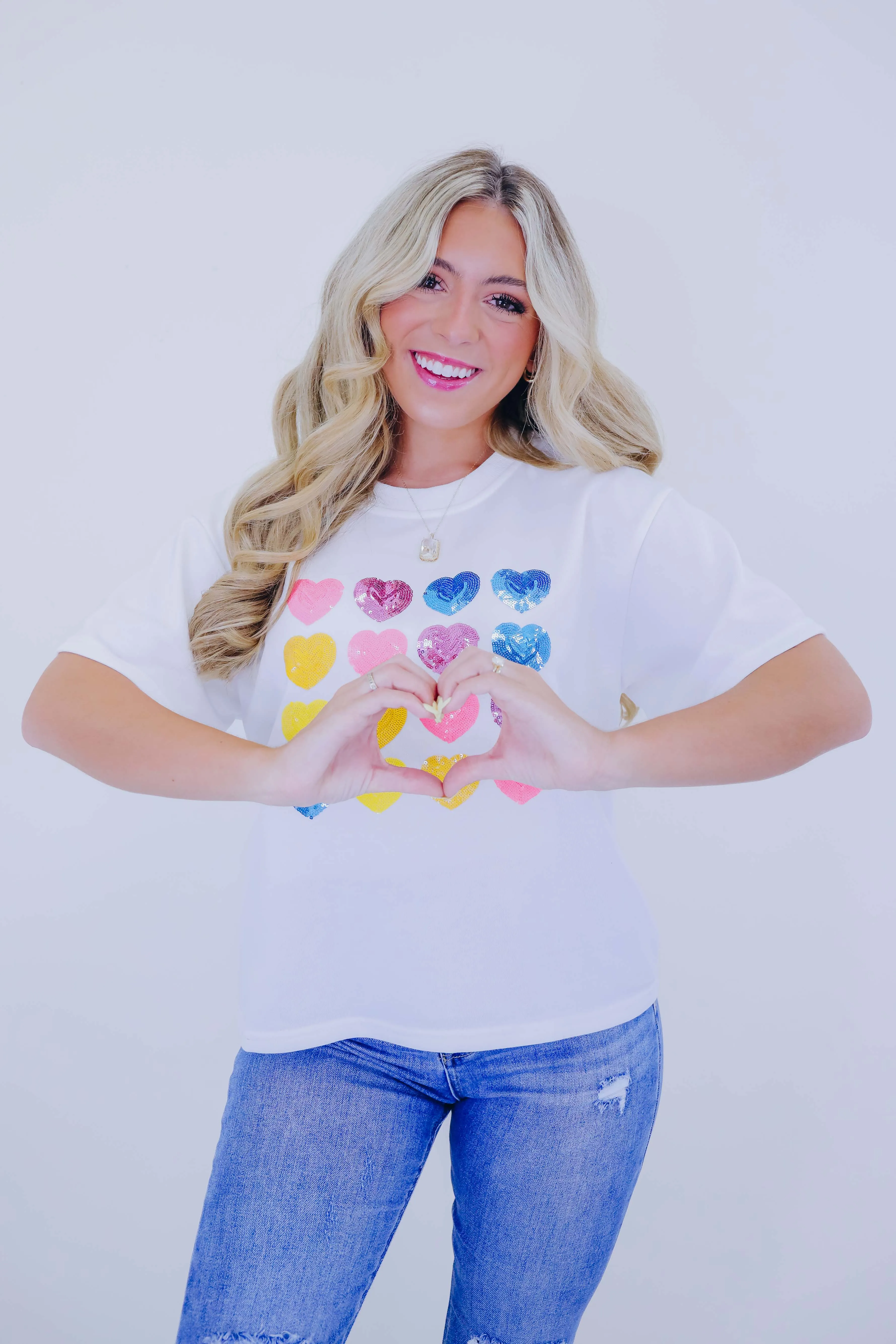 Sequin Hearts Cropped Tee- White
