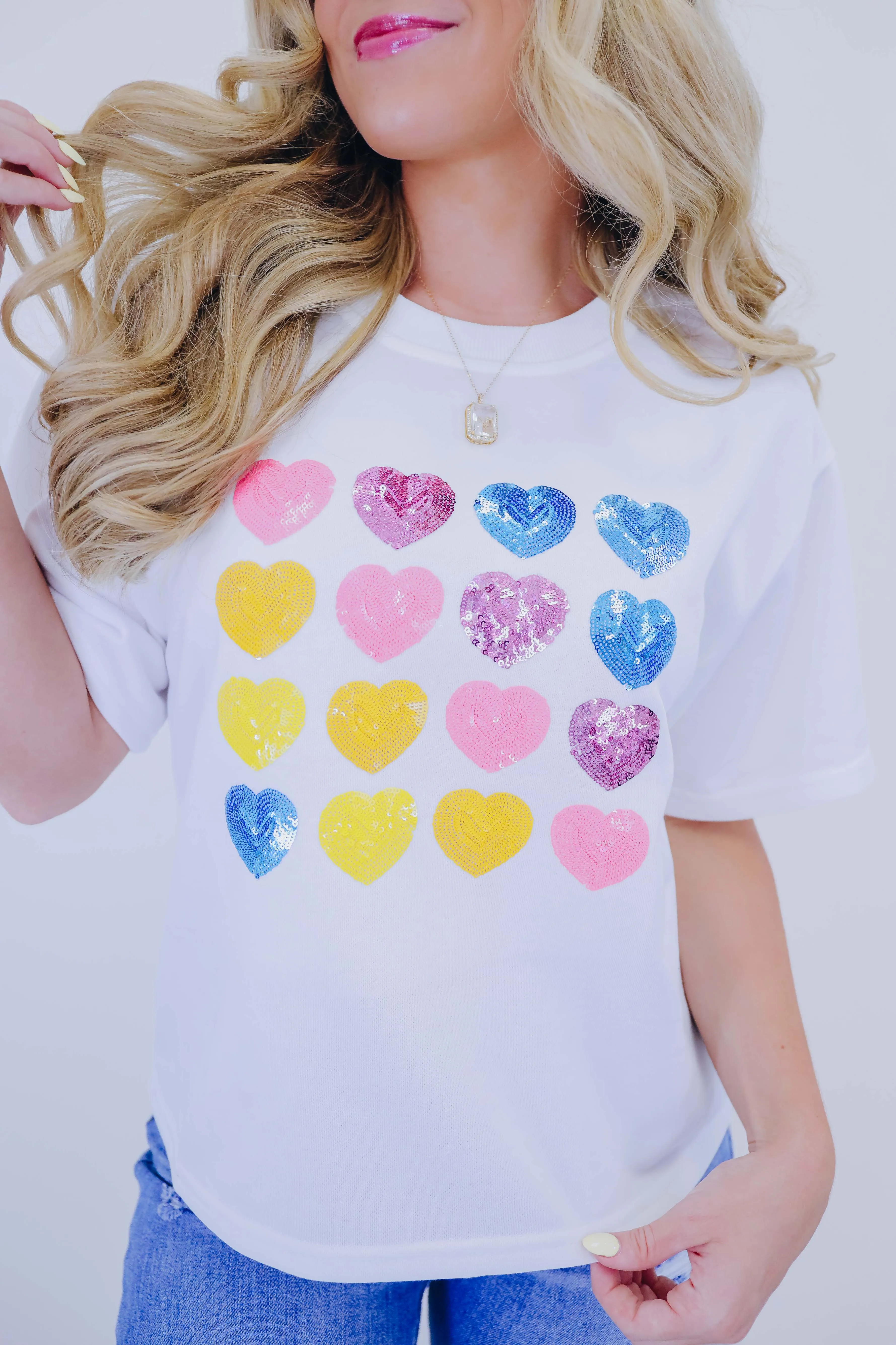 Sequin Hearts Cropped Tee- White