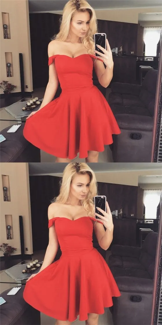 Sexy Off-Shoulder Short Cheap Red Satin Homecoming Dresses, QB0182