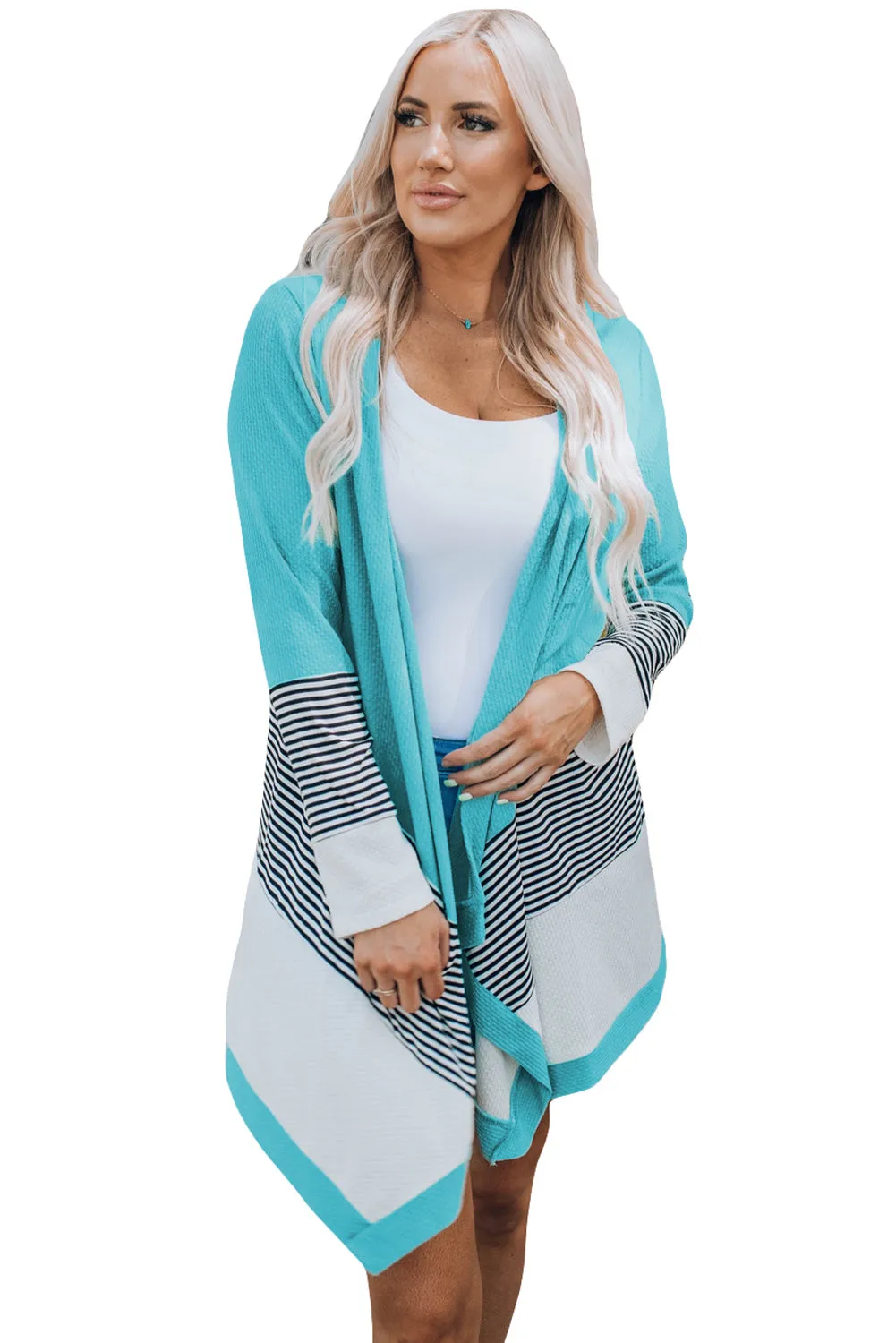 Sky Blue Loose Fit Stripe Colorblock Cardigan