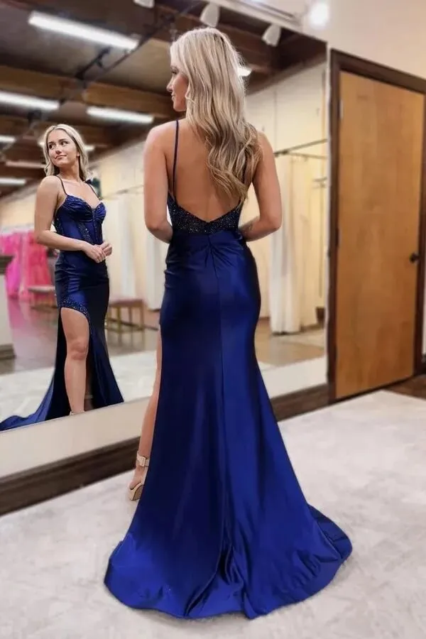 Sparkly Navy Blue Satin Mermaid Beaded Long Prom Dresses With Slit, SLP047